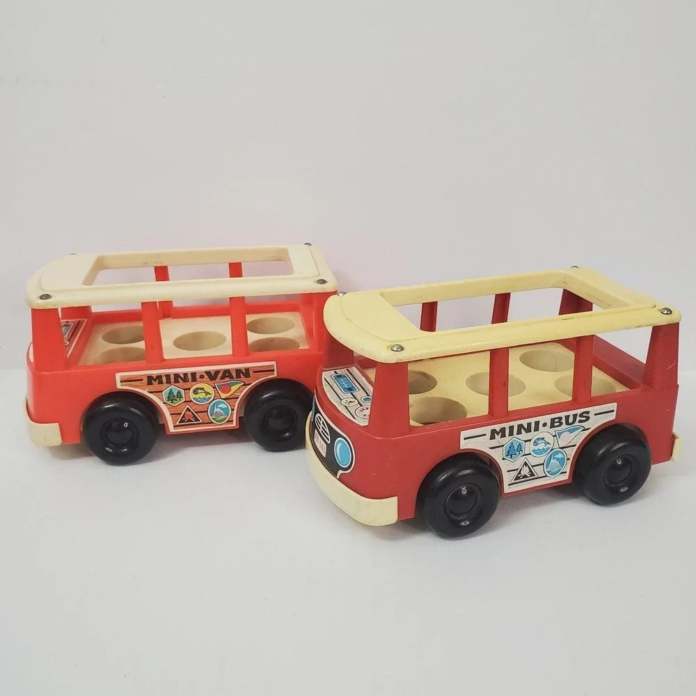 Vintage 60s Fisher-Price Little People Mini Bus, Mini Van 1969 Lot Of 2 Vehicles